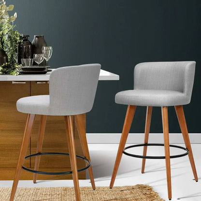 2x Bar Stools Linen Padded Wooden Grey