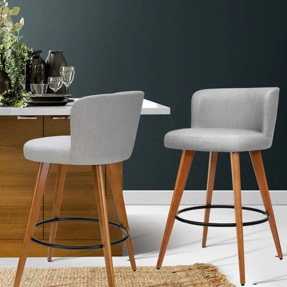 2x Bar Stools Linen Padded Wooden Grey