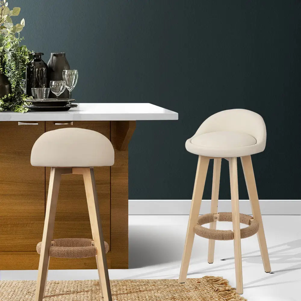 2x Bar Stools Padded Leather Wooden Beige