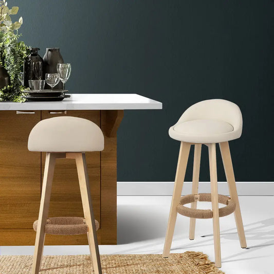 2x Bar Stools Padded Leather Wooden Beige