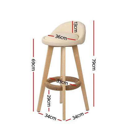 2x Bar Stools Padded Leather Wooden Beige