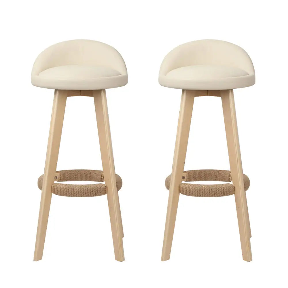 2x Bar Stools Padded Leather Wooden Beige