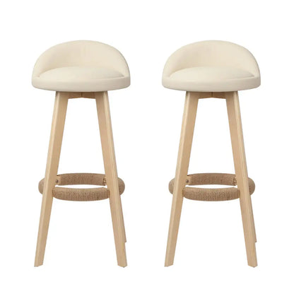 2x Bar Stools Padded Leather Wooden Beige