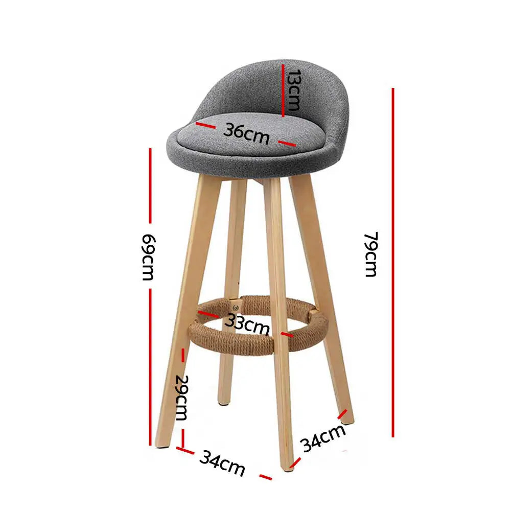 2x Bar Stools Padded Linen Wooden Grey