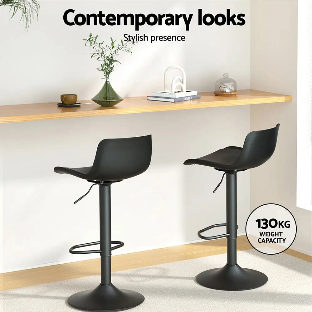 2x Bar Stools Padded Seat Gas Lift Black