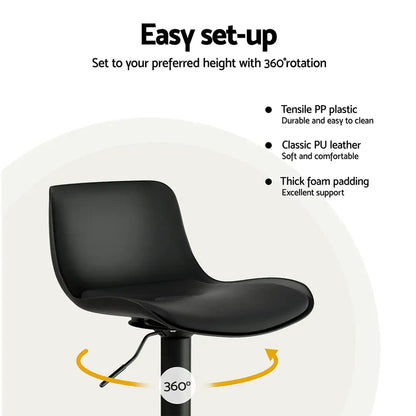 2x Bar Stools Padded Seat Gas Lift Black
