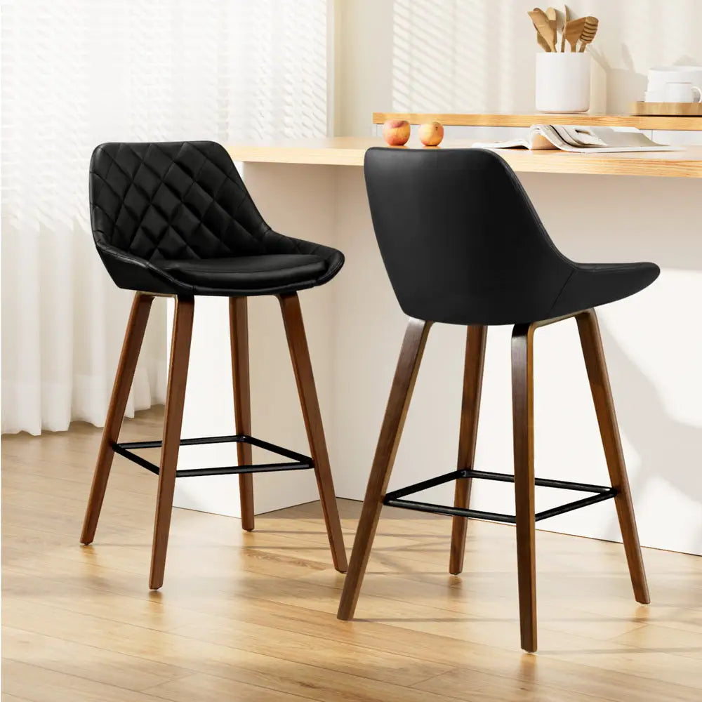 2x Bar Stools Pu Seat Wooden