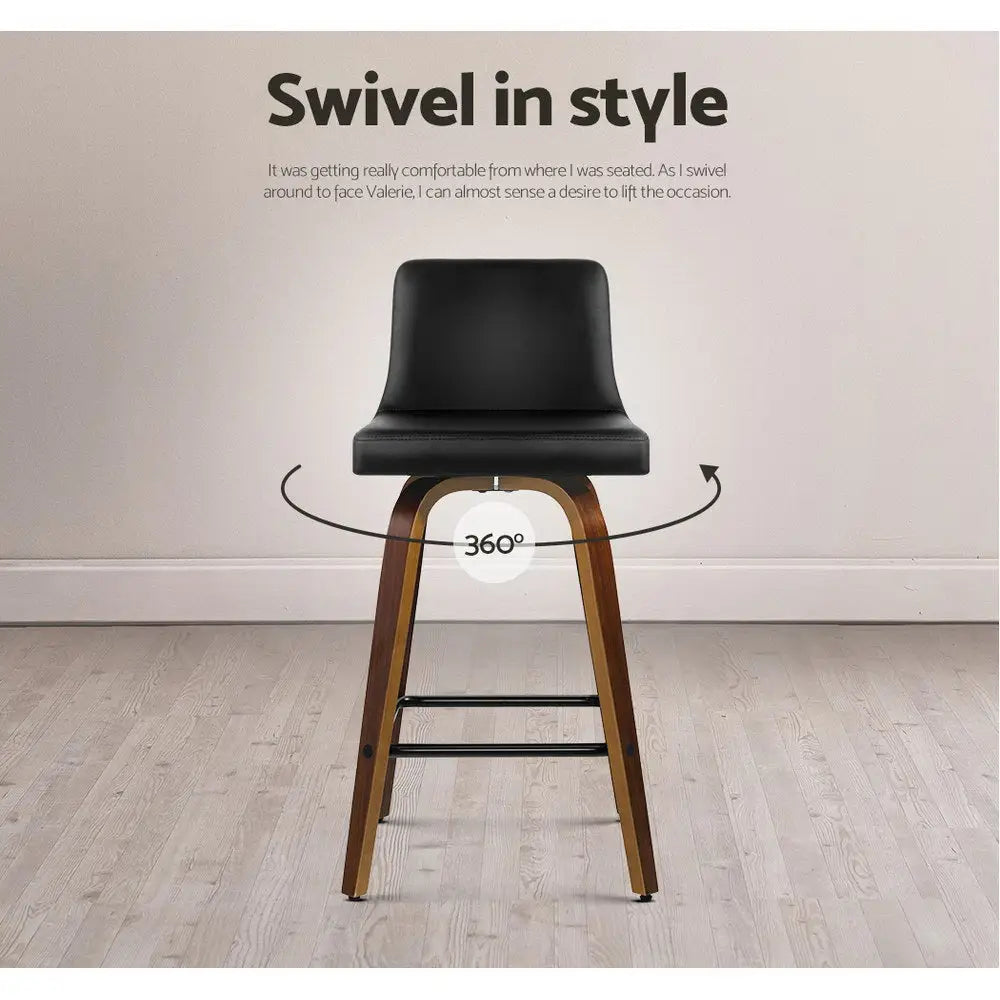 2x Bar Stools Swivel Leather Padded Wooden