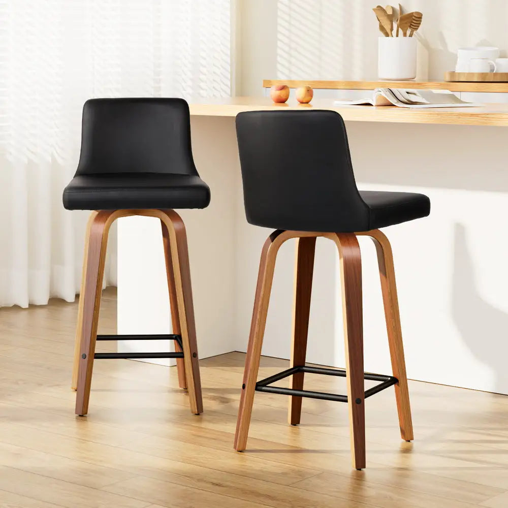 Walnut set of 2 swivel leather padded wooden bar stools (felipe) - Seat 37cm (W) x 38cm (D); backrest height 24cm; leg footprint 4