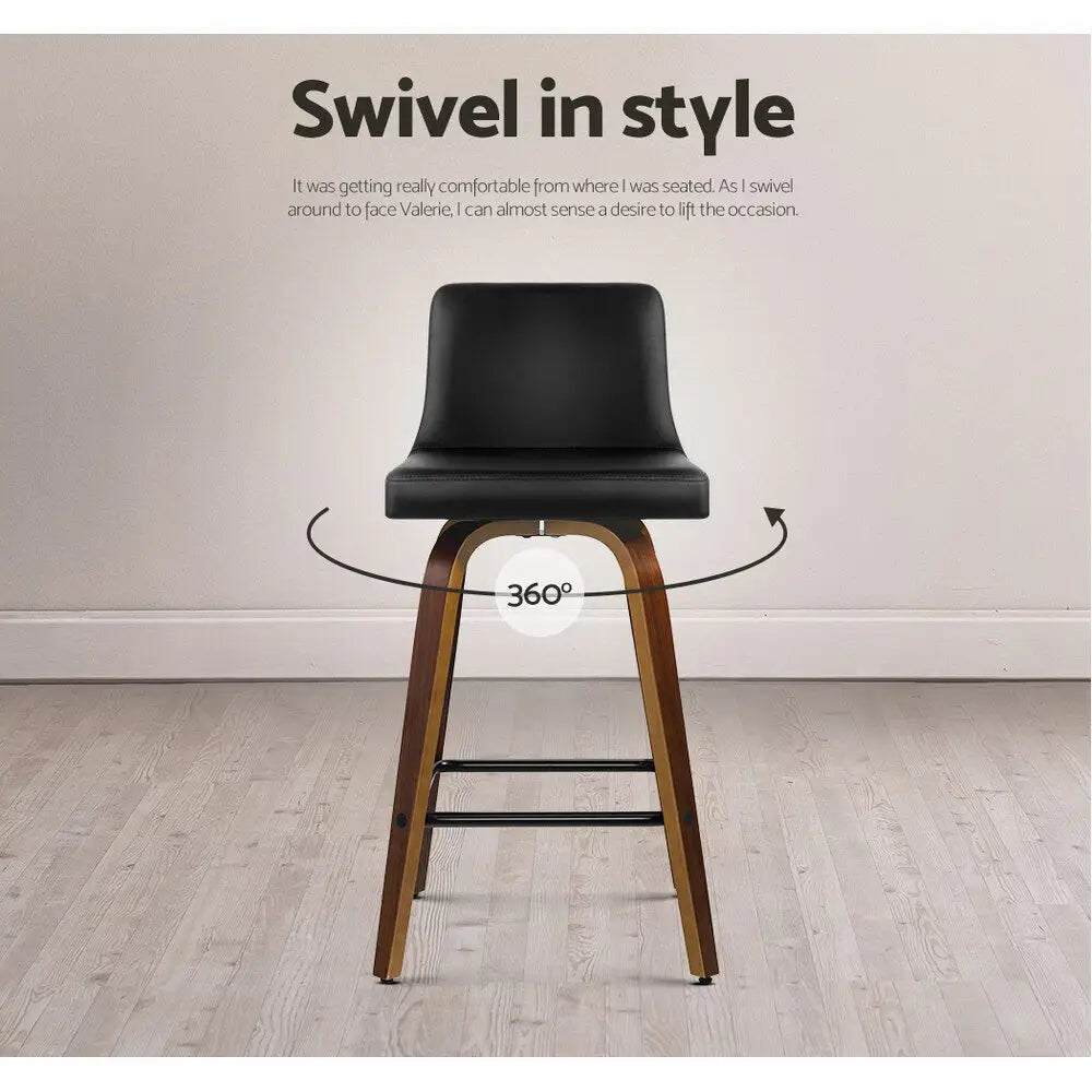 2x Bar Stools Swivel Leather Padded Wooden