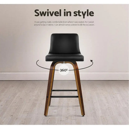 2x Bar Stools Swivel Leather Padded Wooden