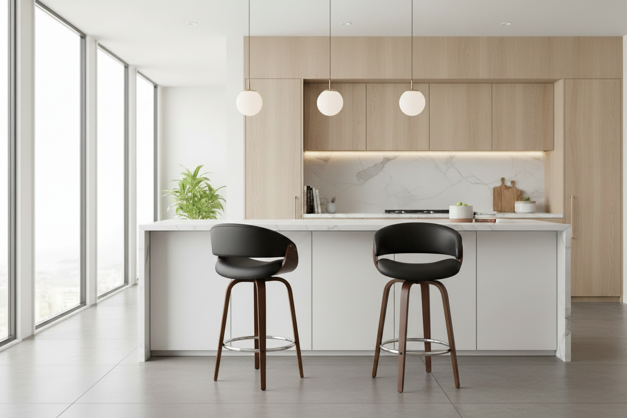 A modern kitchen island with two dark wood bar stools, set in a bright, contemporary kitchen with light wood cabinets, a white marble backsplash, and large windows.