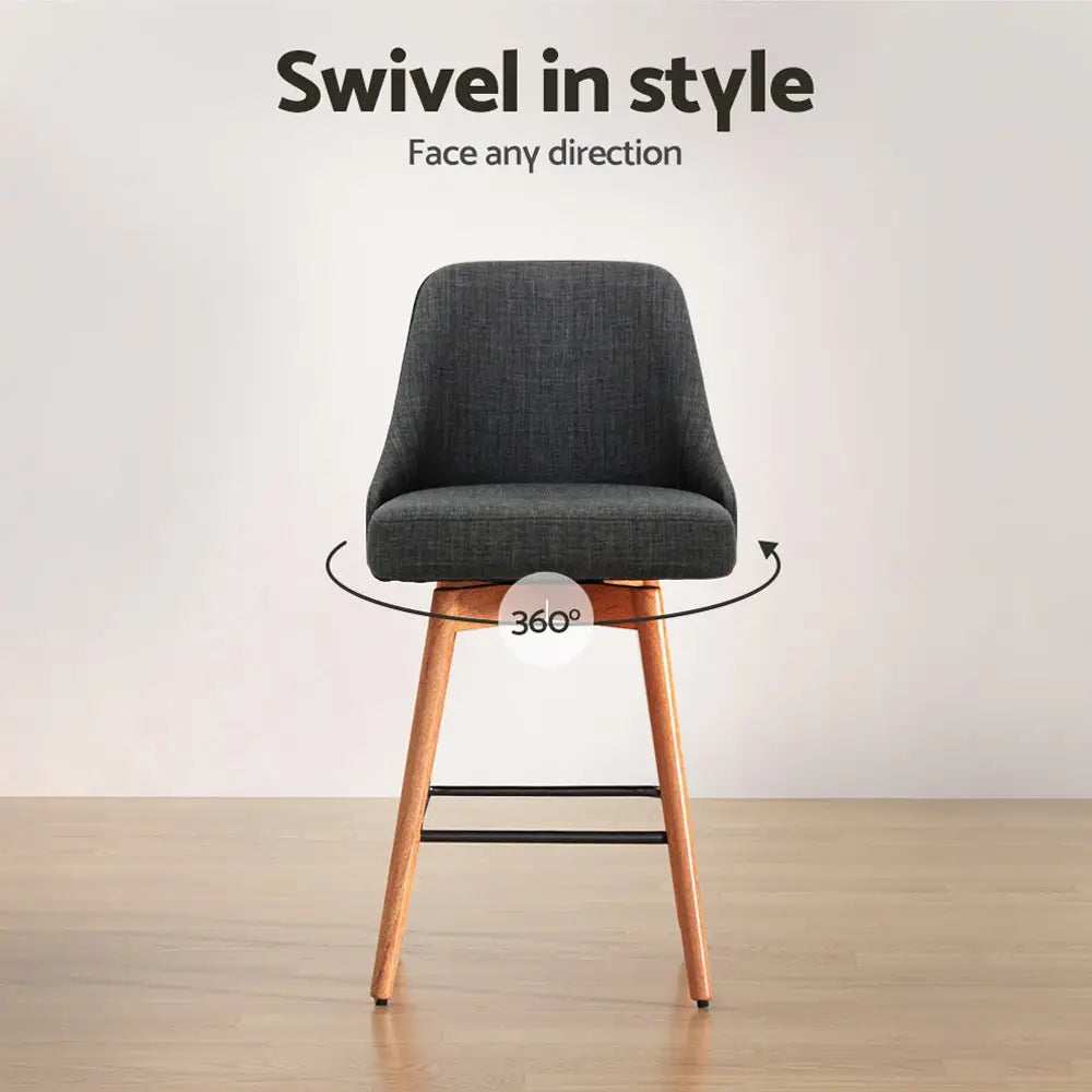 2x Bar Stools Swivel Seat Wooden Charcoal
