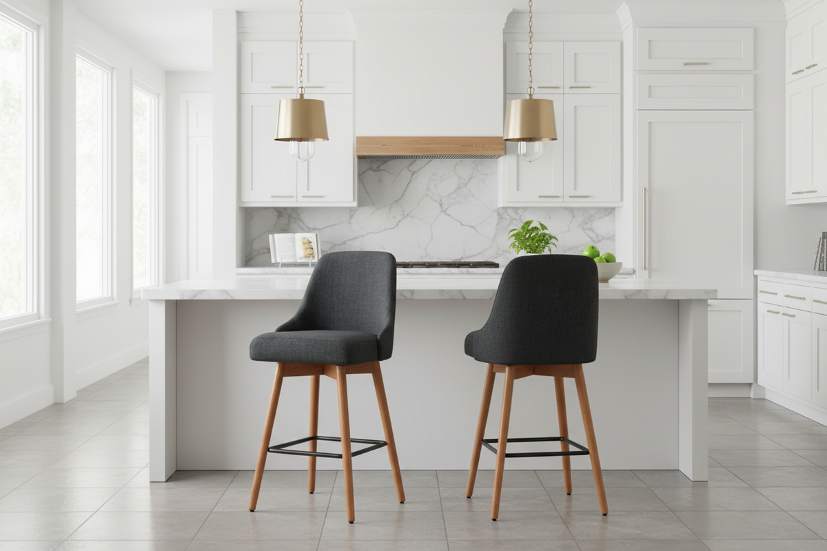 2 charcoal seat bar stools with wooden legs, padded seats, swivel seats and including leg rest all around in modern kitchen with white walls and white cabinets