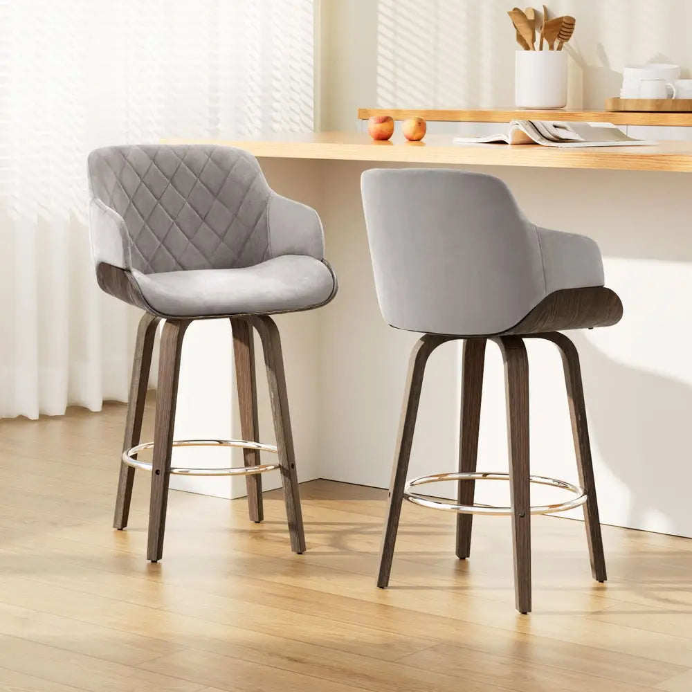 2x Bar Stools Swivel Velvet Padded Wooden