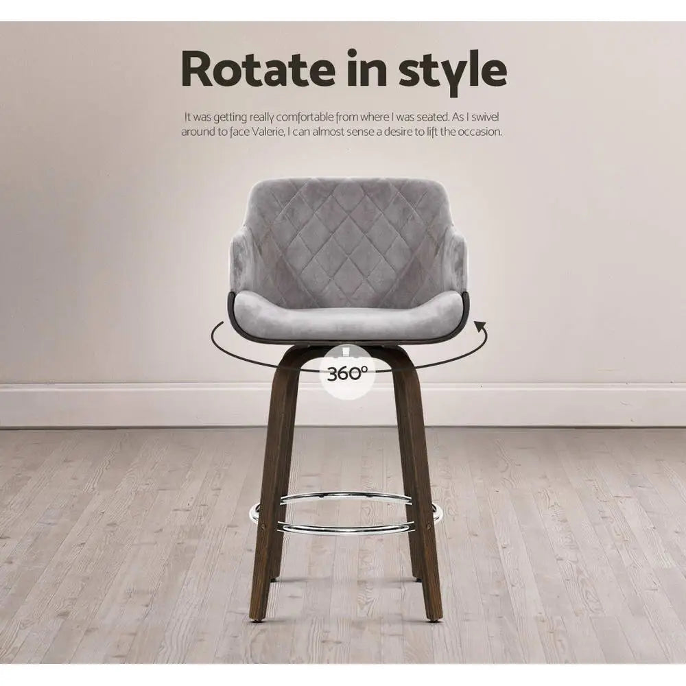 2x Bar Stools Swivel Velvet Padded Wooden