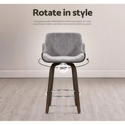 2x Bar Stools Swivel Velvet Padded Wooden