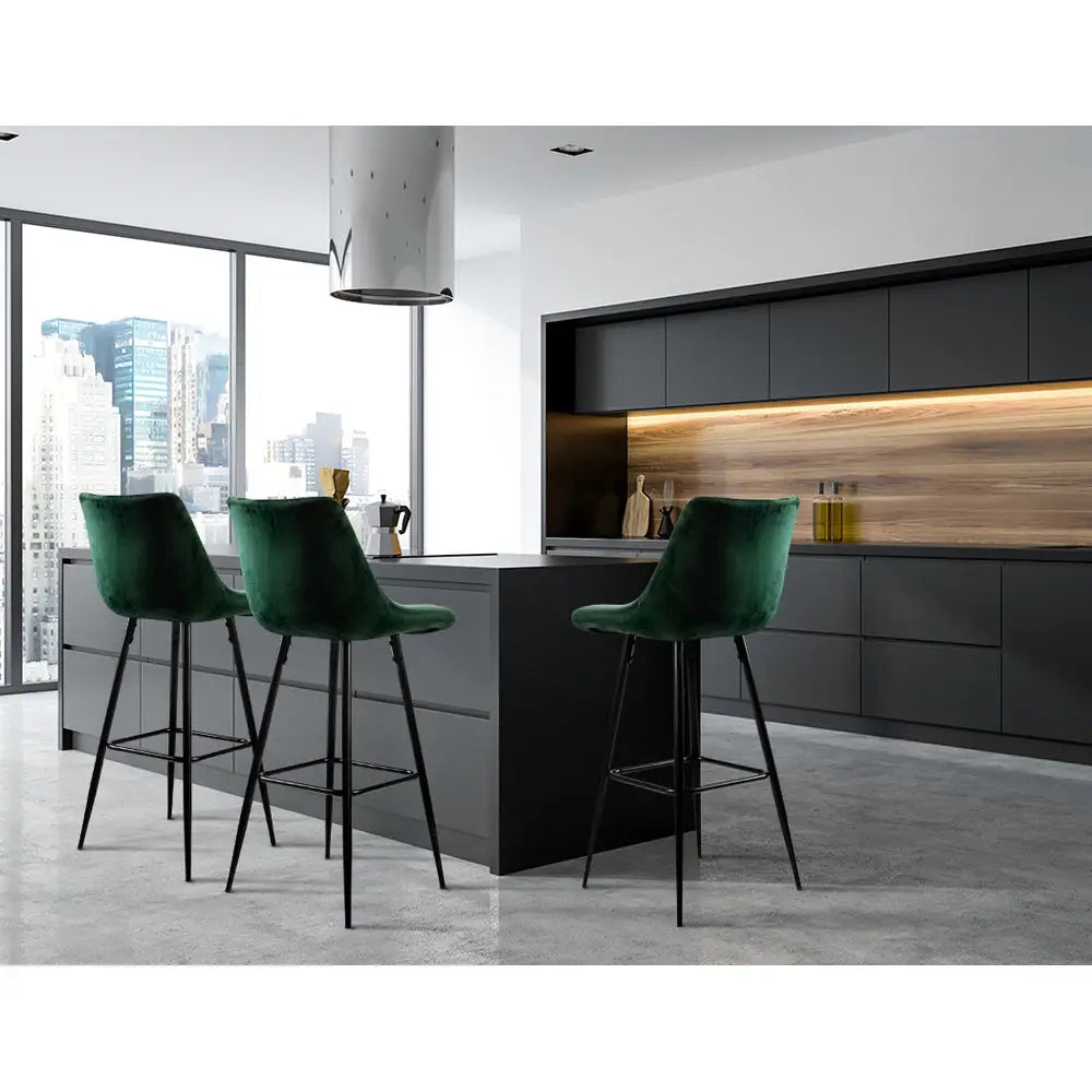 2x Bar Stools Velvet Chairs Green