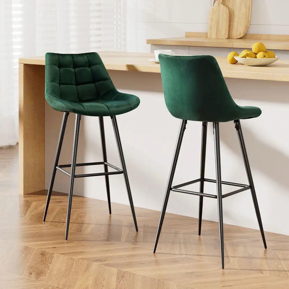 2x Bar Stools Velvet Chairs Green