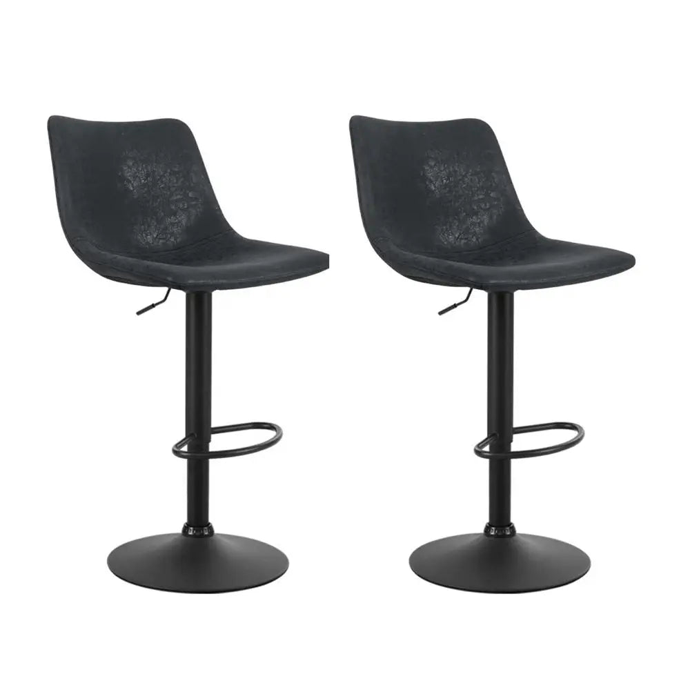 2x Bar Stools Vintage Leather Swivel Gas Lift Black