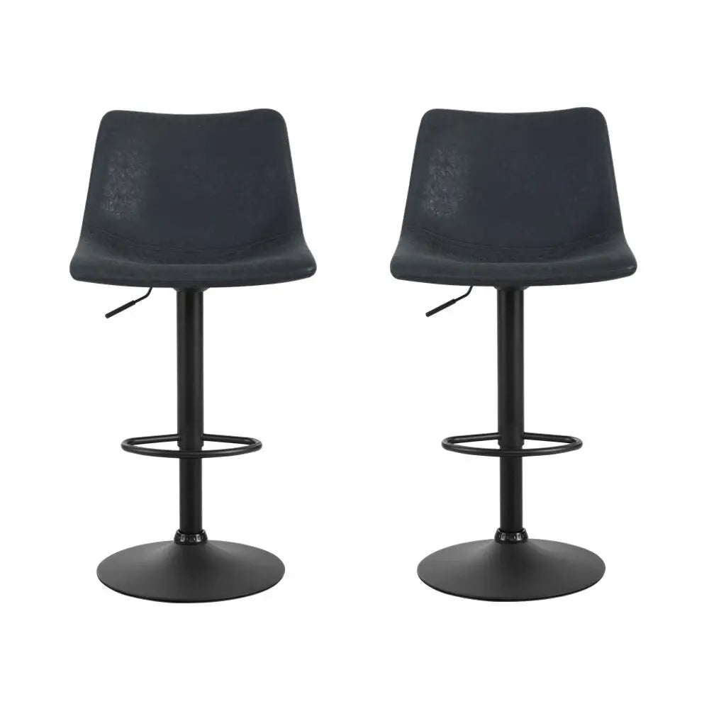 2x Bar Stools Vintage Leather Swivel Gas Lift Black