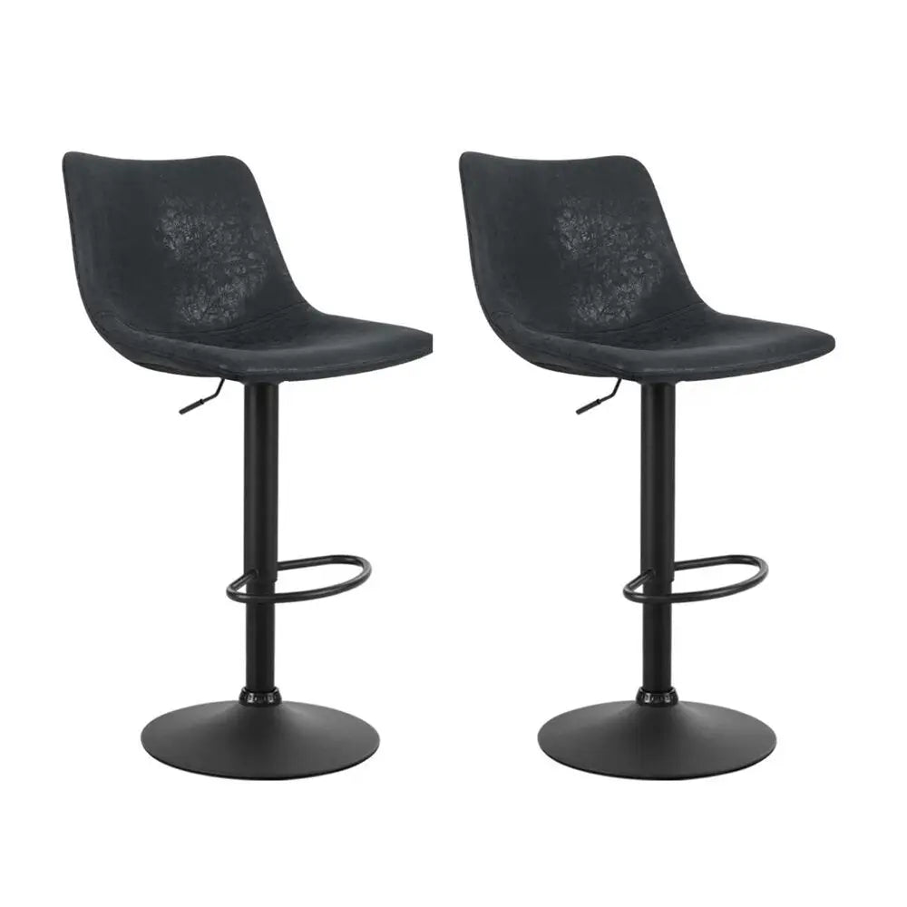 2x Bar Stools Vintage Leather Swivel Gas Lift Black