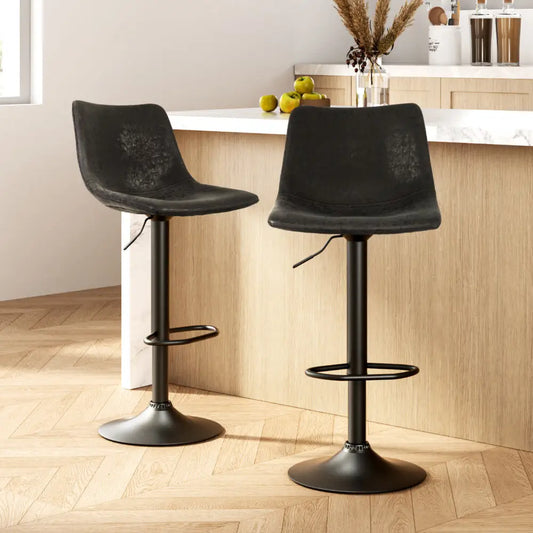 2x Bar Stools Vintage Leather Swivel Gas Lift Black