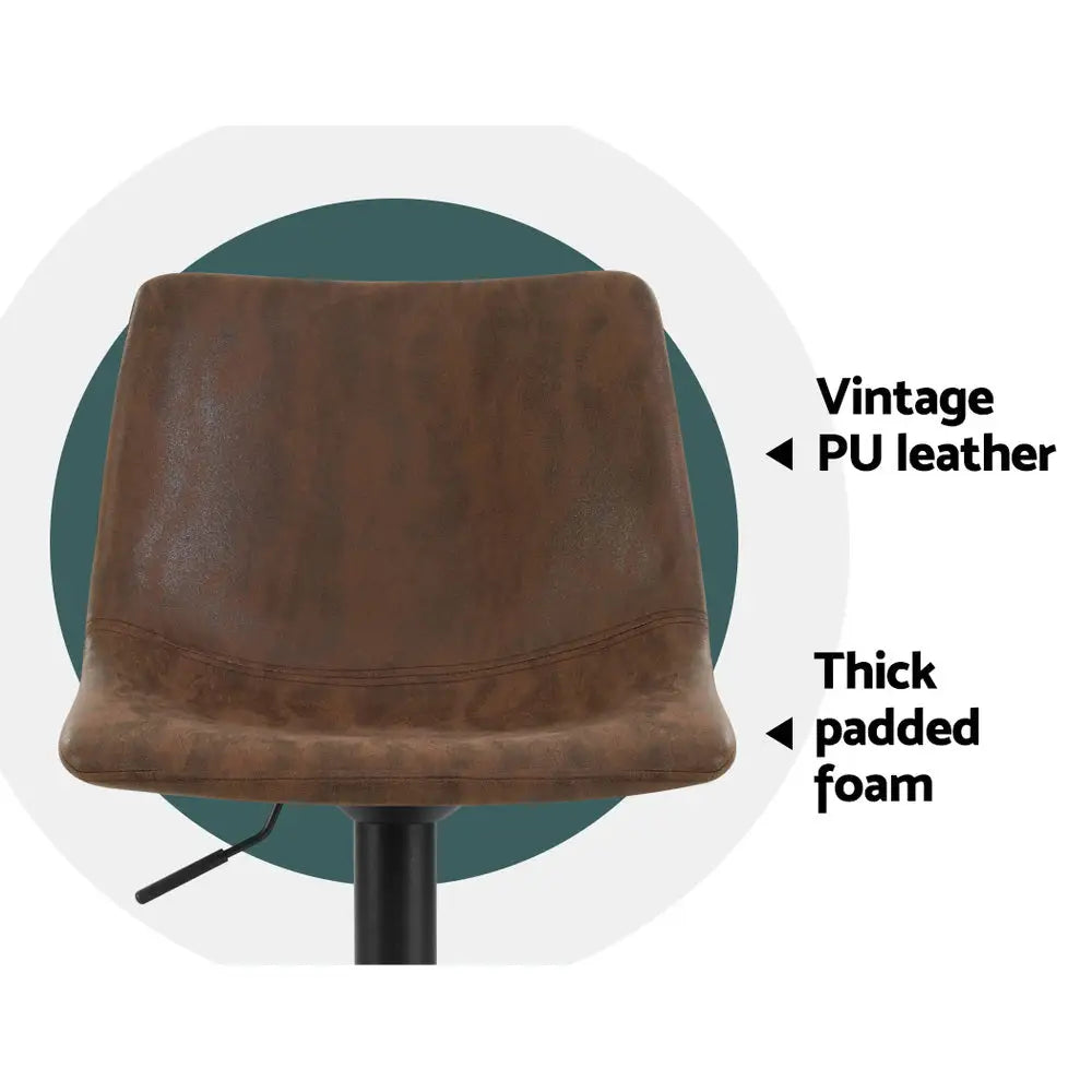2x Bar Stools Vintage Leather Swivel Gas Lift Brown