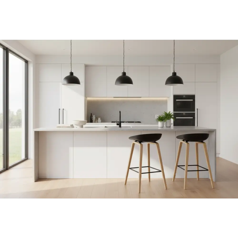 2x wooden Bar Stools in a modern kitchen layout, white cabinets in the background and modern downlights