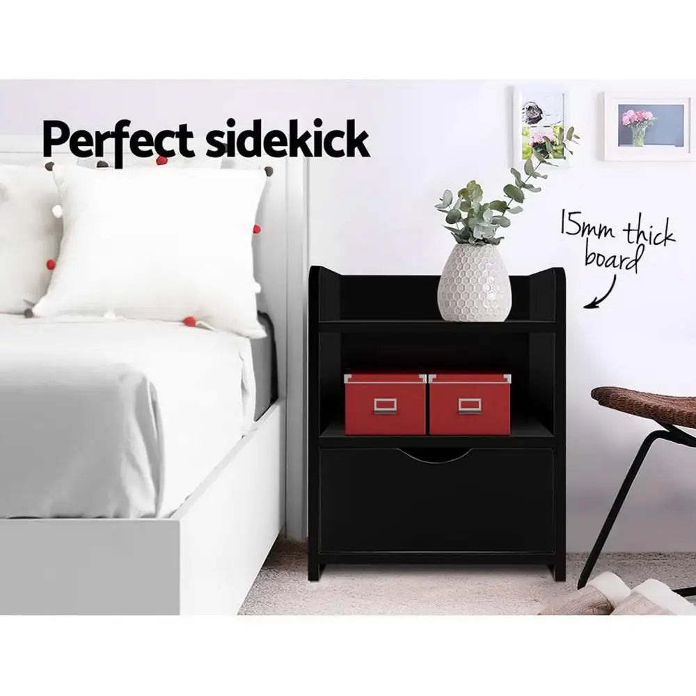 2x Bedside Table 1 Drawer with Shelf - Fara Black