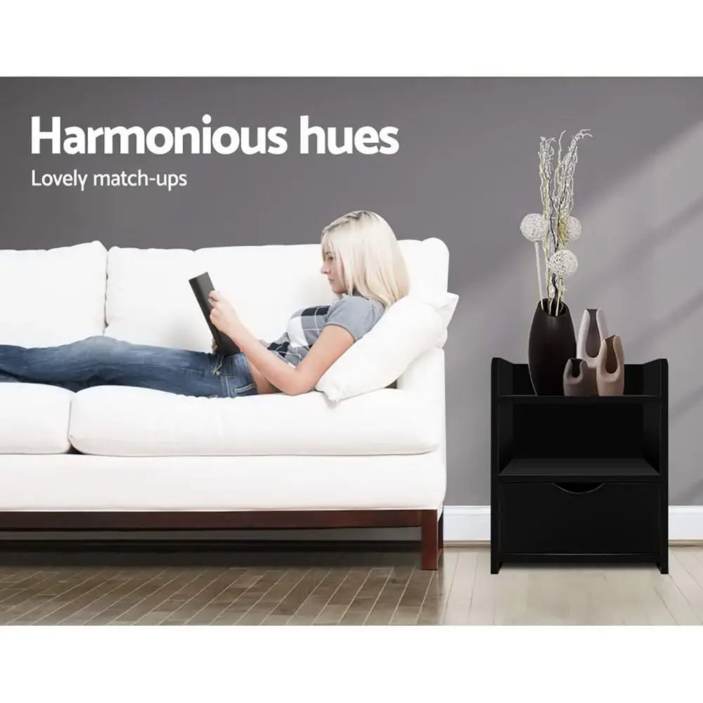 2x Bedside Table 1 Drawer with Shelf - Fara Black