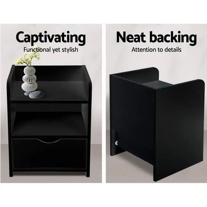 2x Bedside Table 1 Drawer with Shelf - Fara Black