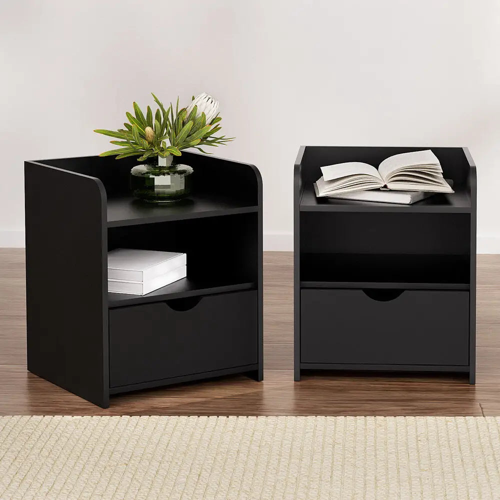 2x Bedside Table 1 Drawer with Shelf - Fara Black