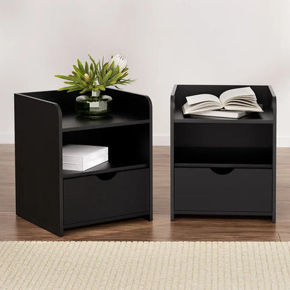 2x Bedside Table 1 Drawer with Shelf - Fara Black