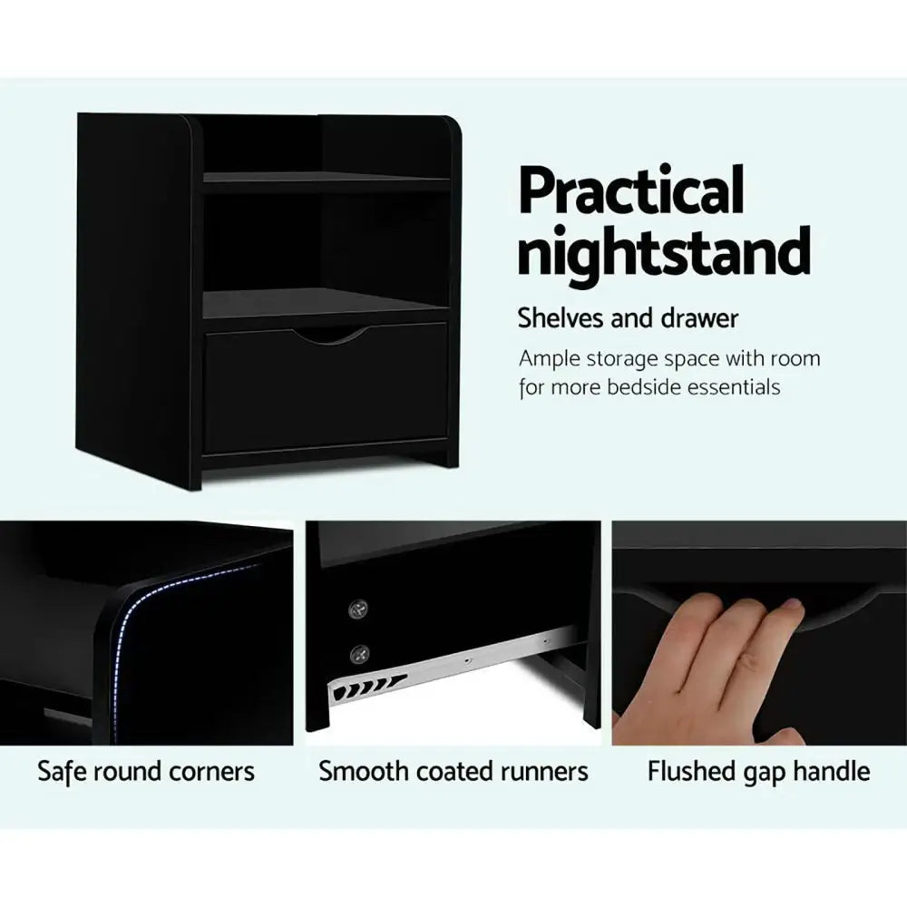 2x Bedside Table 1 Drawer with Shelf - Fara Black