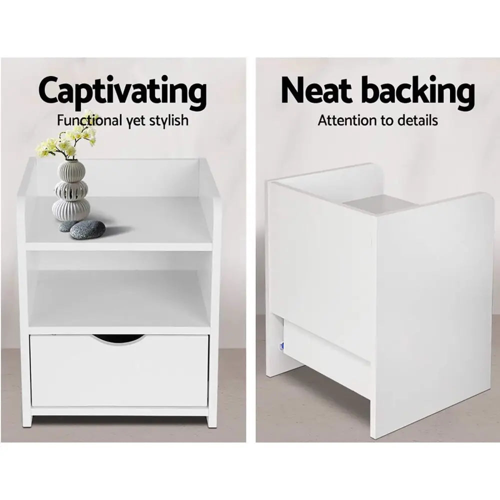 2x Bedside Table 1 Drawer with Shelf - Fara White