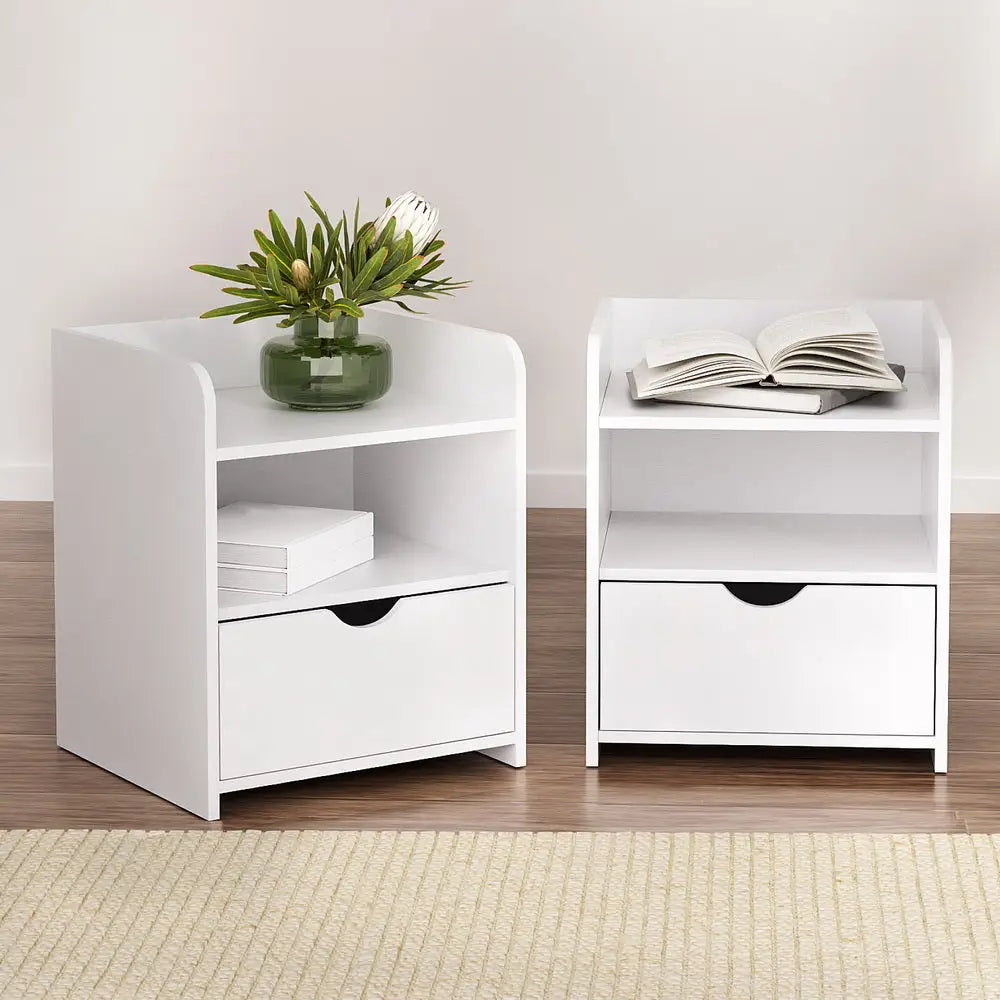 2x Bedside Table 1 Drawer with Shelf - Fara White