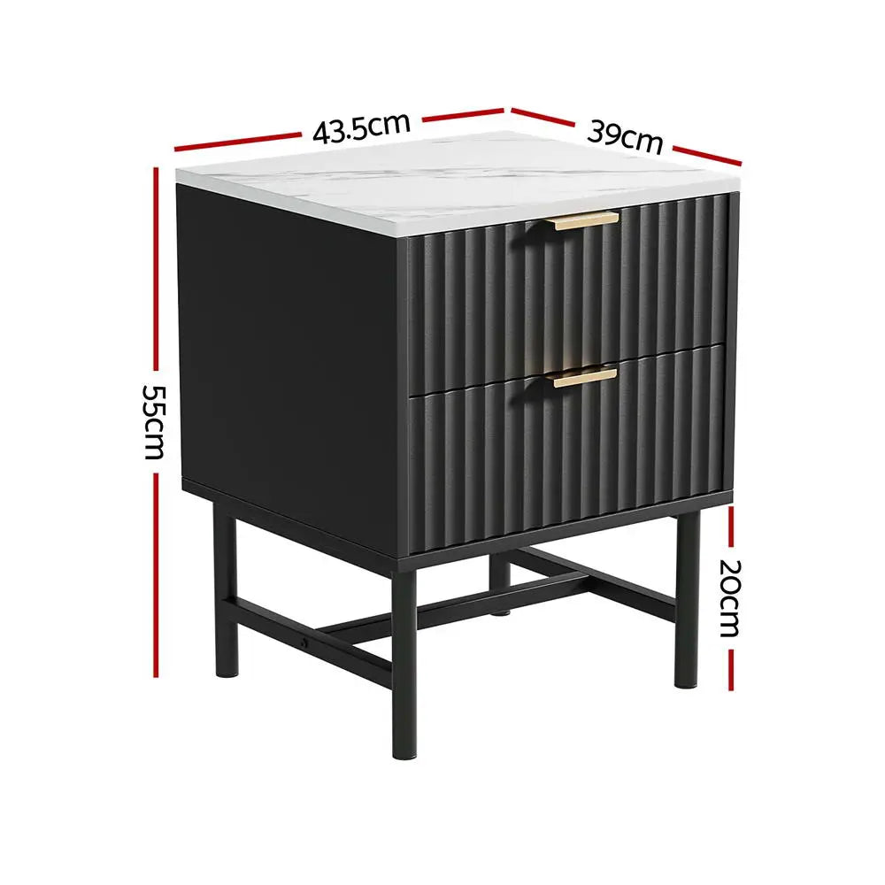 2x Bedside Table 2 Drawers - Black