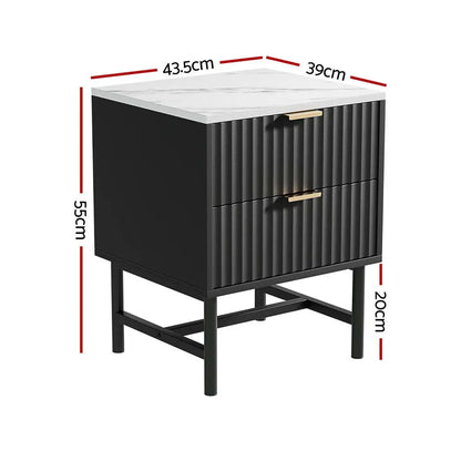 2x Bedside Table 2 Drawers - Black
