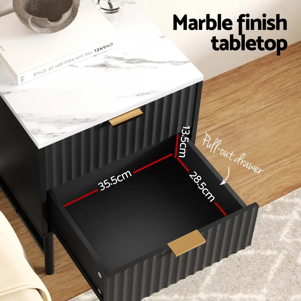 2x Bedside Table 2 Drawers - Black