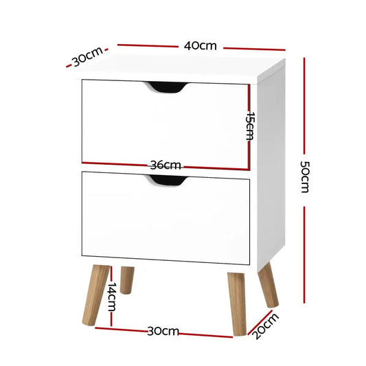 2x Bedside Table 2 Drawers - Boden White