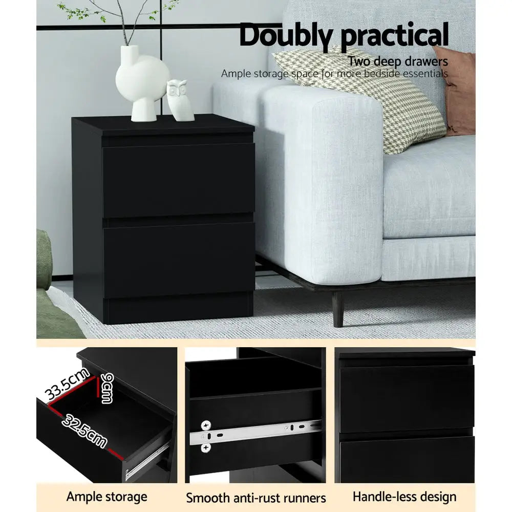 2x Bedside Table 2 Drawers - Pepe Black