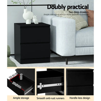 2x Bedside Table 2 Drawers - Pepe Black