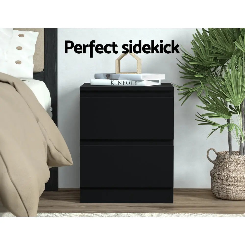 2x Bedside Table 2 Drawers - Pepe Black