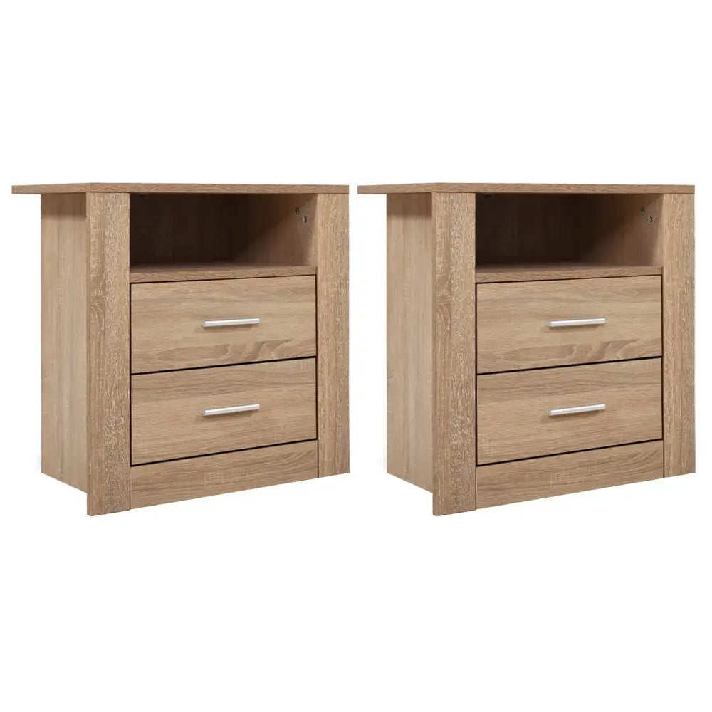 2x Bedside Table 2 Drawers with Shelf - Tara Oak