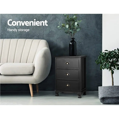 2x Bedside Table 3 Drawers Vintage - Thyme Black