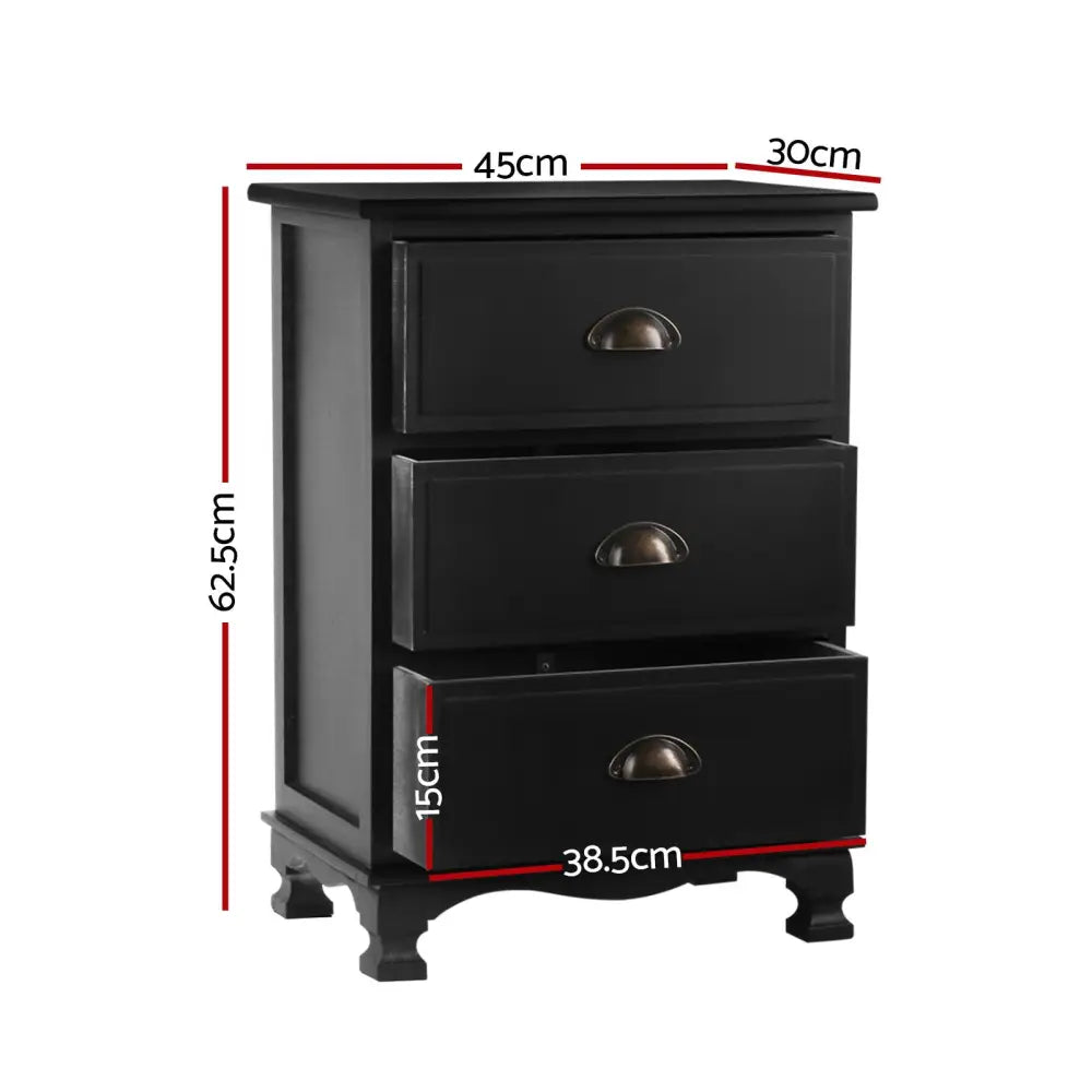 2x Bedside Table 3 Drawers Vintage - Thyme Black