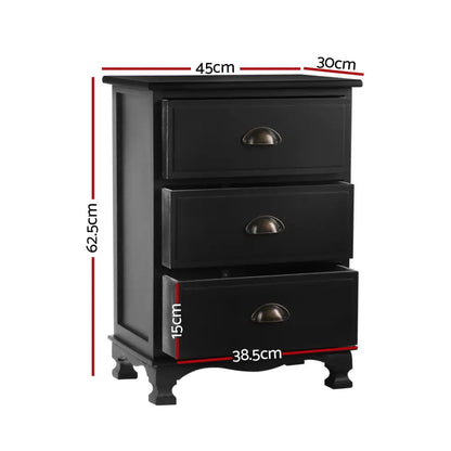 2x Bedside Table 3 Drawers Vintage - Thyme Black