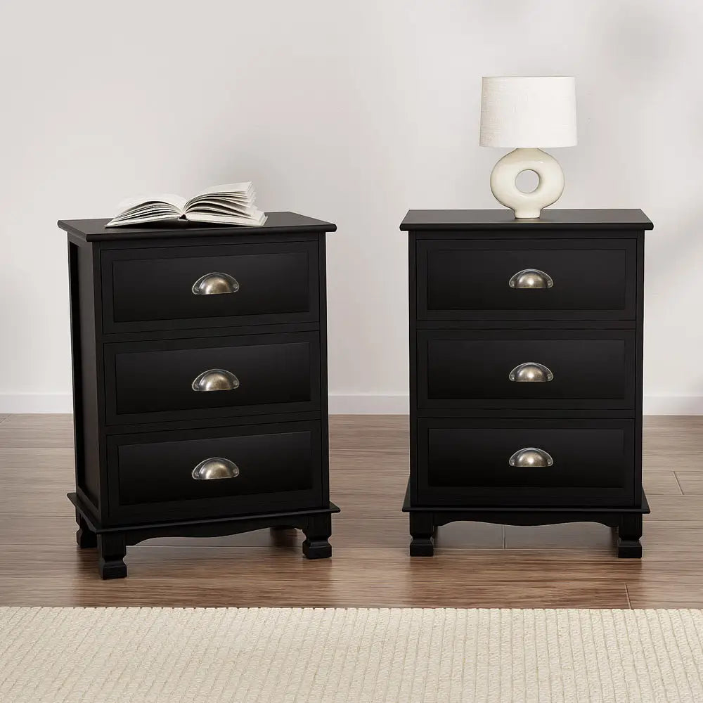 2x Bedside Table 3 Drawers Vintage - Thyme Black