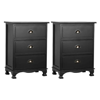 2x Bedside Table 3 Drawers Vintage - Thyme Black